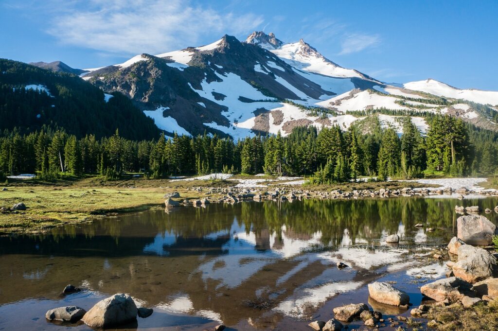 reflection, trees, mountain